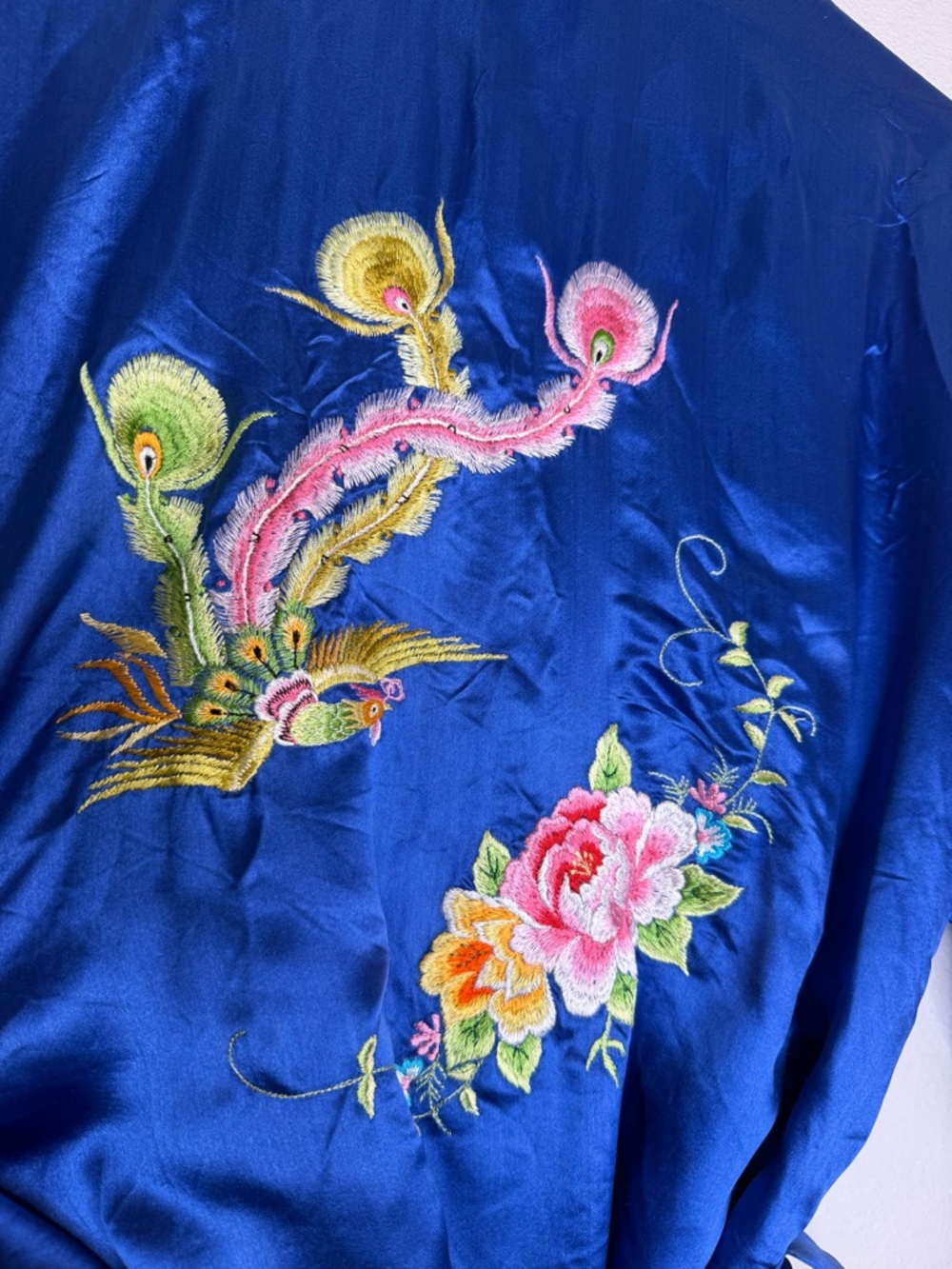 Vtg Chinese Silk Robe Royal Blue Double Peach Floral Embroidery Kimono Phoenix - Picture 8 of 11